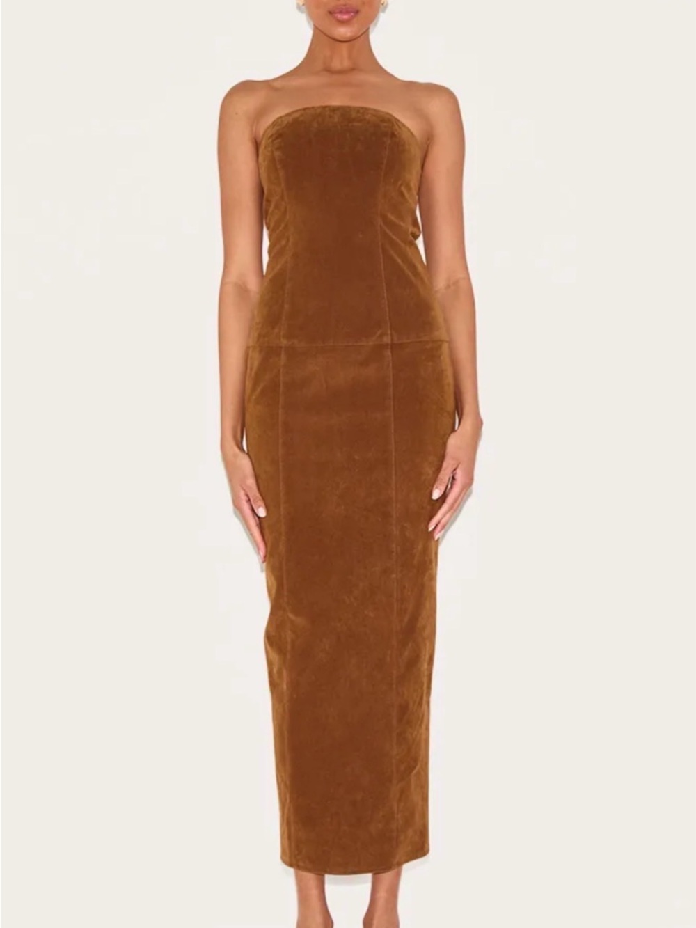 PRETTY LITTLE THING Faux Suede Tube Maxi Dress Brown